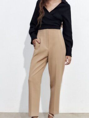 Zara High Waisted Slim Leg Ankle Length Trousers in Tan Workwear Women's XS
